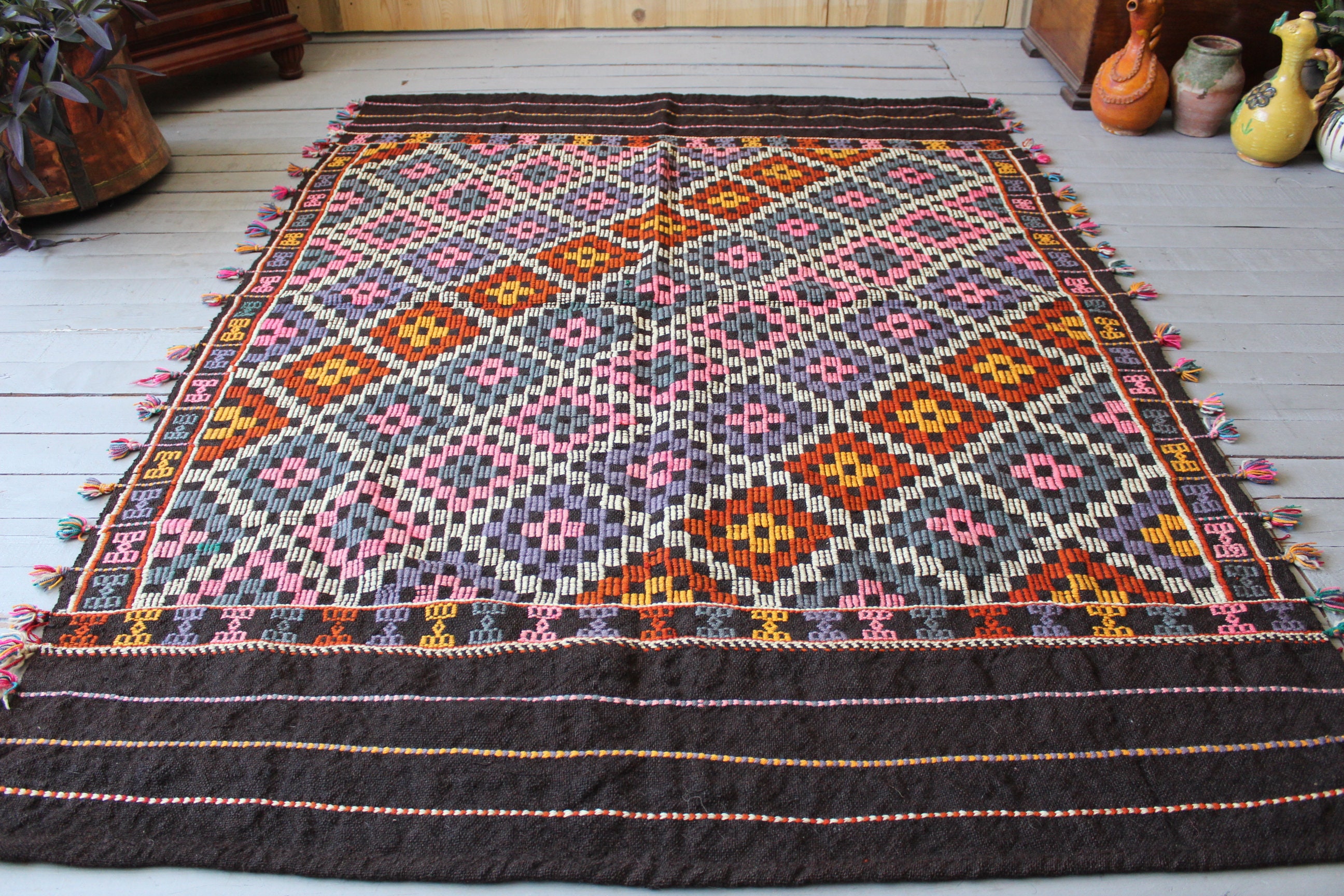 5'0x6'7Ft Vintage Bohemian Kilim, Handwoven Wool Kilim Rug, Ethnic Mut Area Rug"