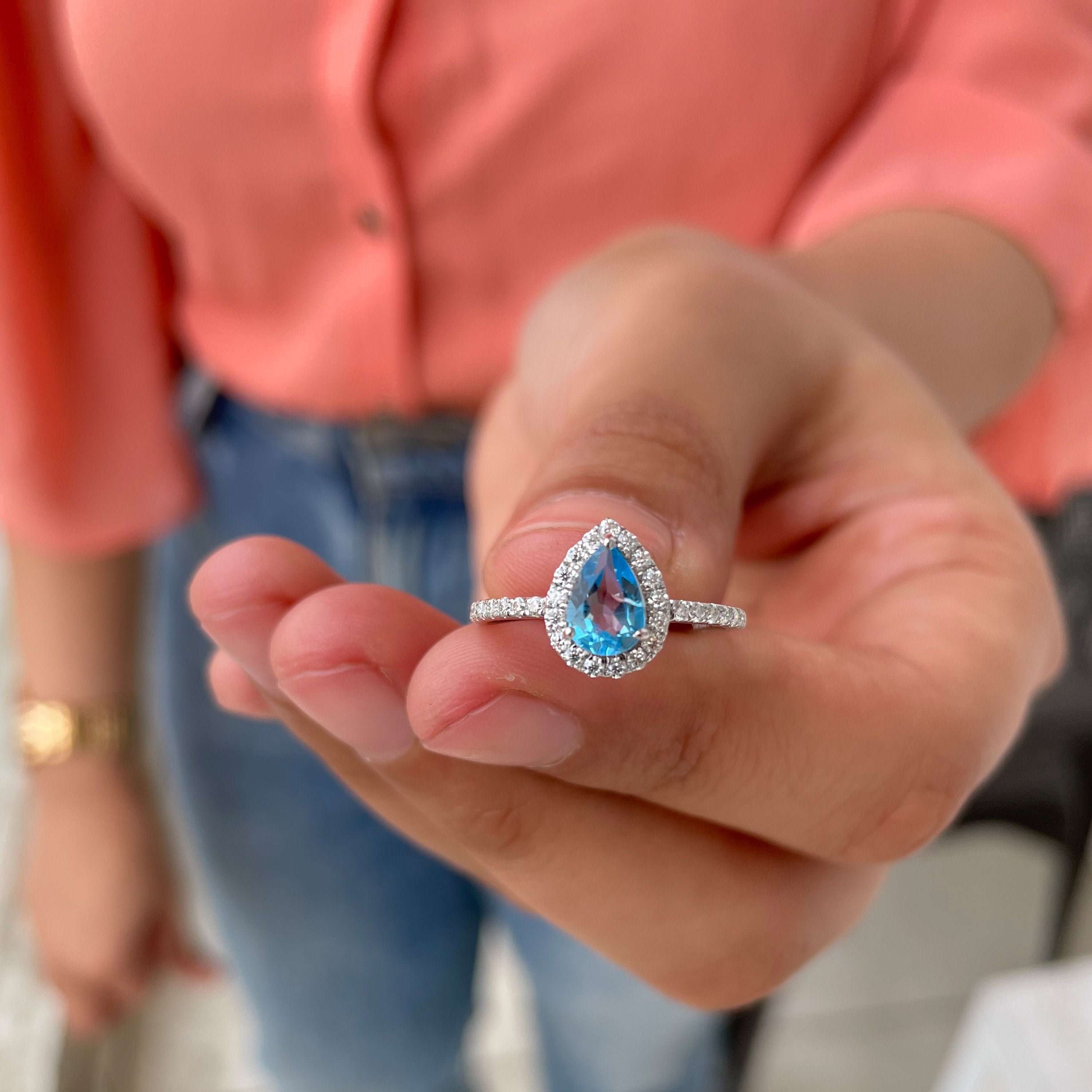 1.50 Ct Swiss Blue Topaz Ring, Moissanite Halo Engagement Stone Pear Shaped Side Ring