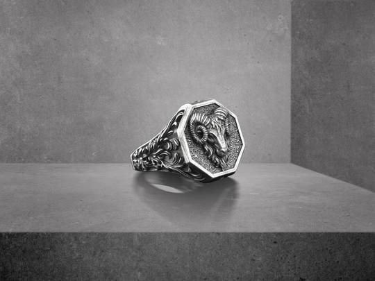 Horned Ram Dainty Animal Signet Ring, Aries Zodiac Sign Minimalist Mens Ring in Sterling Silver, Hexagon Nature Good Luck Men's Gift