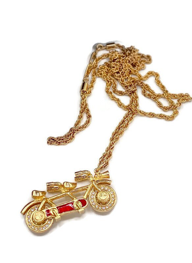 Vintage Stunning Authentic Swarovski Swan Logo Red Enamel Crystal Elegant Gold Plated Bicycle Pendant Necklace