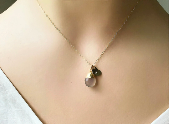 Gold Lavender Chalcedony Personalized Pendant With Filled Heart Charm Necklace Customized Solajewelryco
