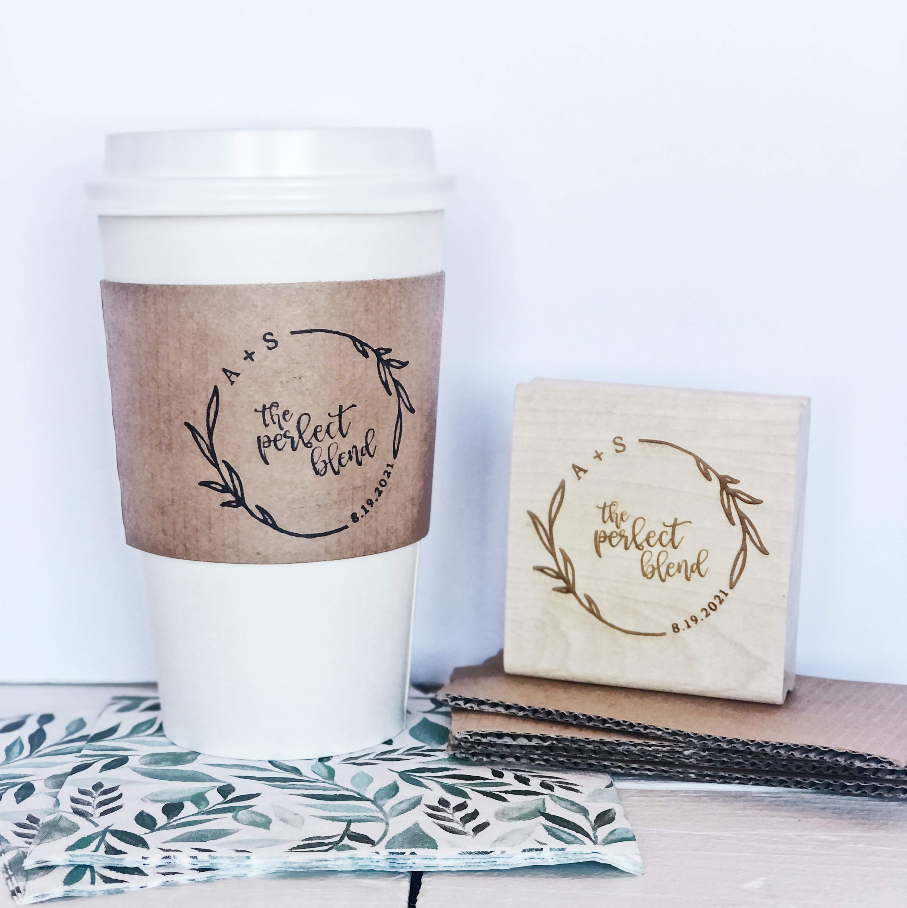 The Perfect Blend. Cup Sleeve Stamp. Custom Coffee Sleeves. To Go Cup Wedding Couple Bridal Shower