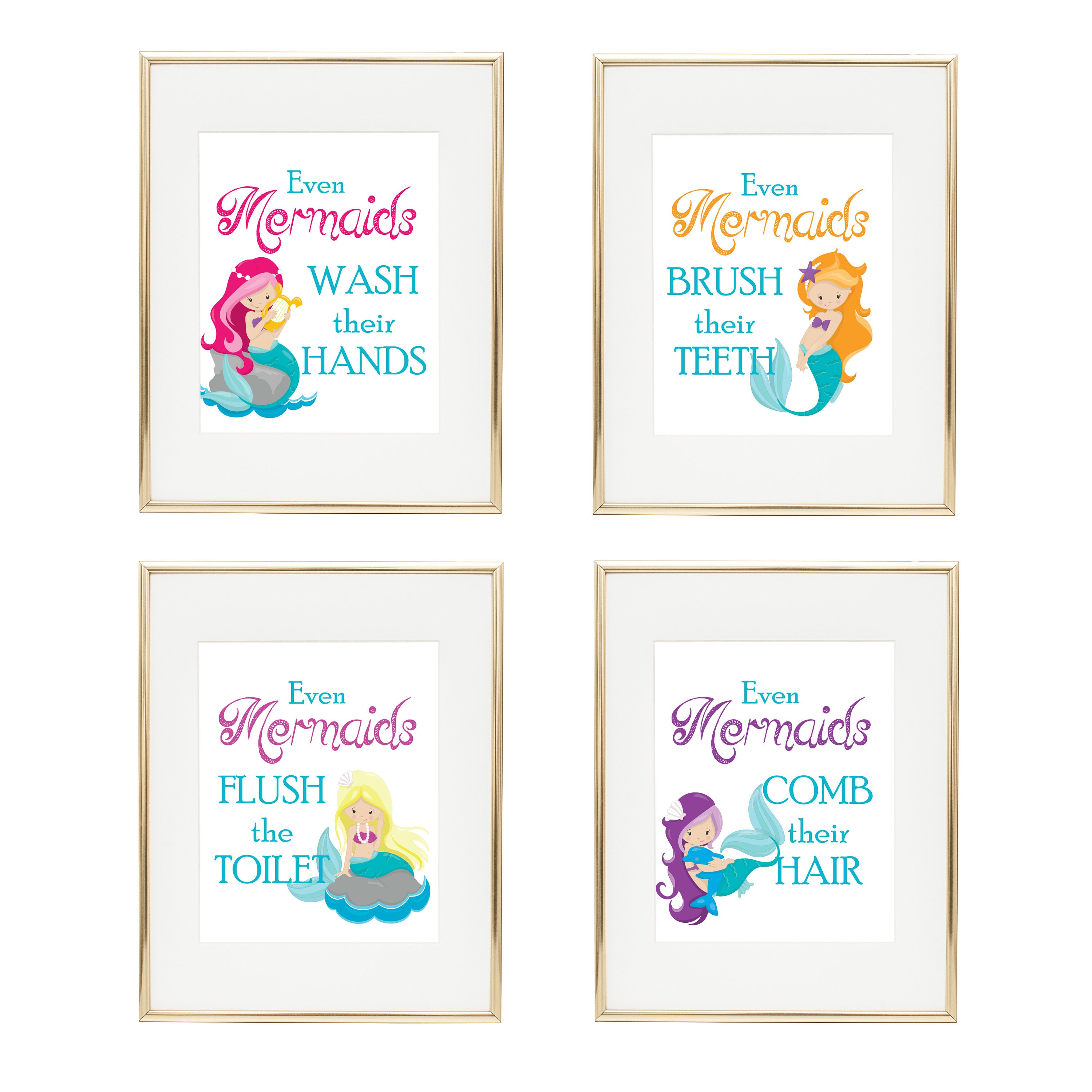 Mermaid Bathroom Decor - Girls Bathroom- Even Mermaids Wash Their Hands Rules Set Of 4 Prints"