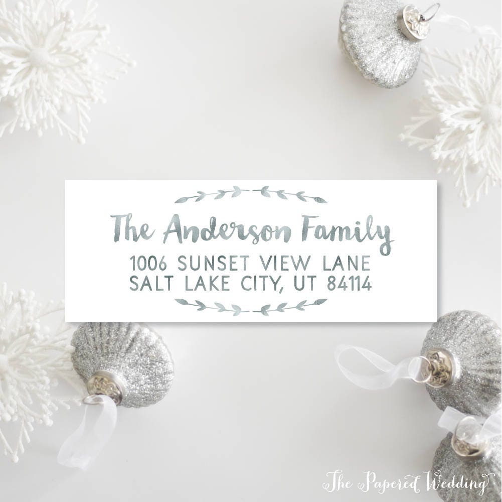 Faux Silver Foil Laurel Return Address Labels - & White For Christmas Card Personalized Stickers 023