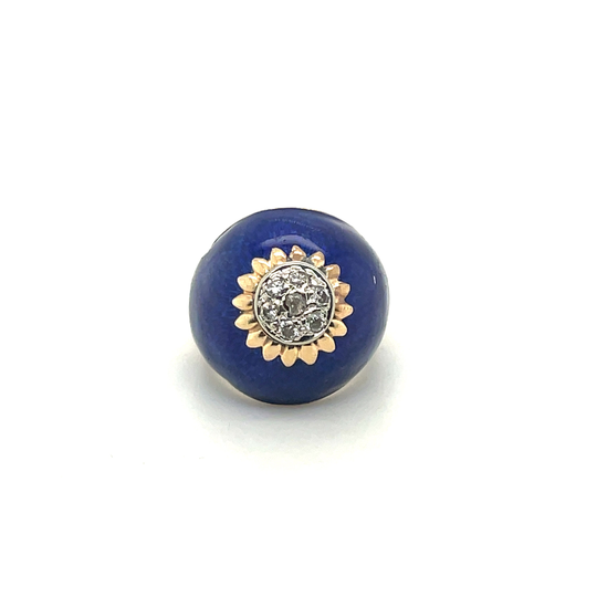 18K Yellow Gold Diamond & Blue Enamel Flower Dome Ring