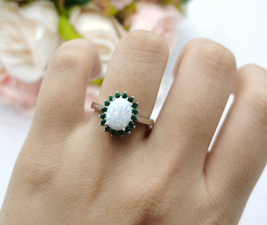 Lab White Opal Halo Wedding Engagement Ring 1.20 Carat Oval Art Deco Emerald Green Cz 925 Sterling Silver Bridal Choose Your Color