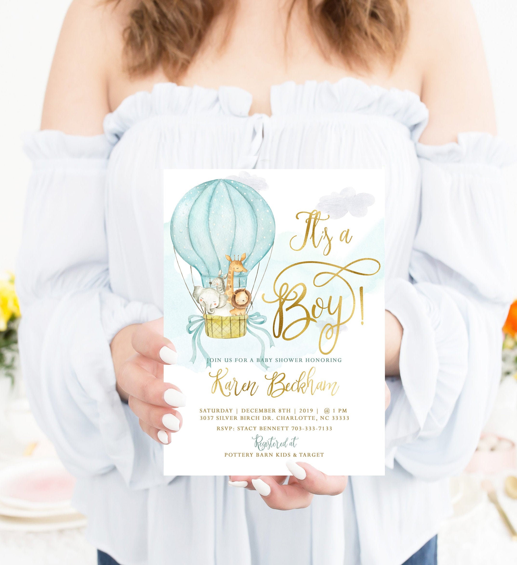 Jungle Baby Shower Invitation, Boy Hot Air Balloon, Invitation, Zoo Balloon Invitation #15