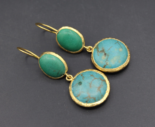 Turkmen Partial Gold Wash Adornment Turquoise Stones Dangle & Drop Earrings, Costuming
