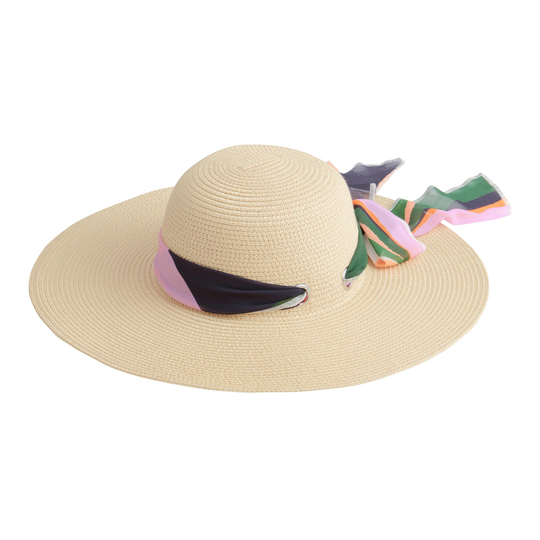 Natural Paper Straw Sun Hat With Multicolor Scarf Trim by World Market