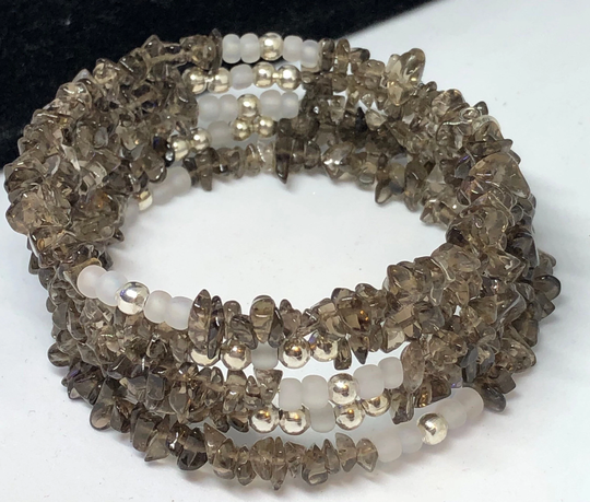 4 Row Smoky Topaz Chip Bracelet With Opalite Stainless Steel Non-Tarnish Memory Wire Handcrafted Size Up To 7-7.5
