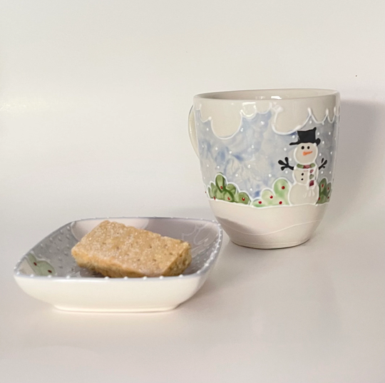 Handmade Mug & Cookie Plate Set, Canadian Small Business, Xmas Hostess Gift, Snowman Plate, Hand Painted Gift Set For