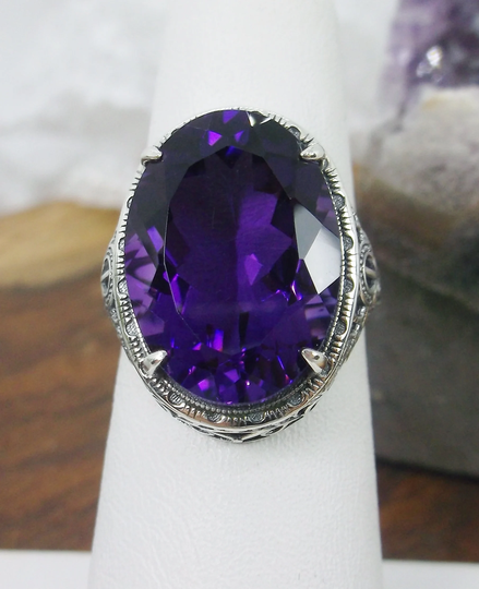 Amethyst Ring/ Solid Sterling Silver/ 10.5Ct Oval Natural Purple Art Deco/Vintage Filigree [Custom Made] Persian Design#230