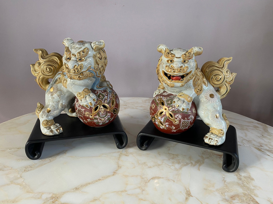 Vintage Chinese Foo Dogs, With Gold Gilt Accents Circa 1950