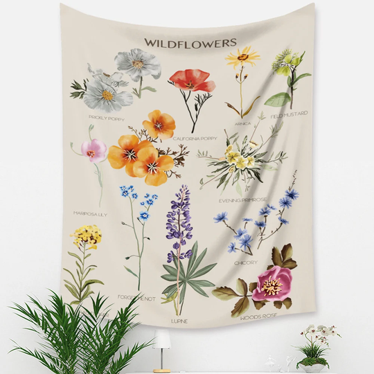 Botanical Wildflower Tapestry | Flower Reference Chart Hippie Bohemian Tapestries Home Decor Gift