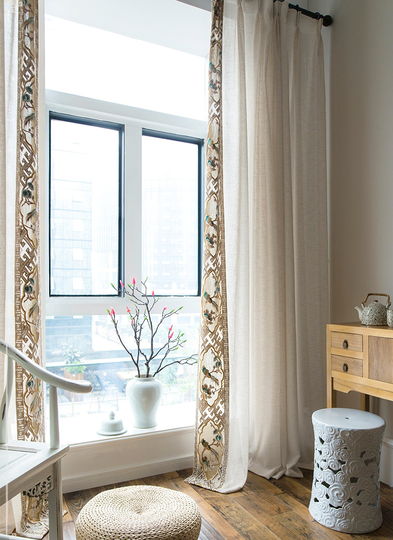 A Pair Of Off-White Linen Blend Sheer Curtain Voile Panels - Any Size Bird Figure Embroidered Trim Custom Curtains Made To Order