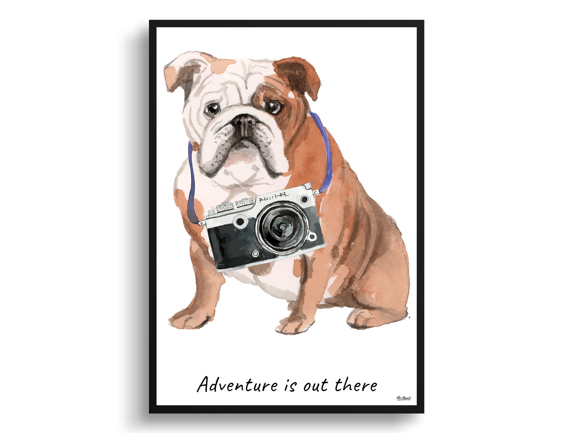 Adventure Is Out There English Bulldog Print Illustration. Framed & Un-Framed Wall Art Options. Personalised Name