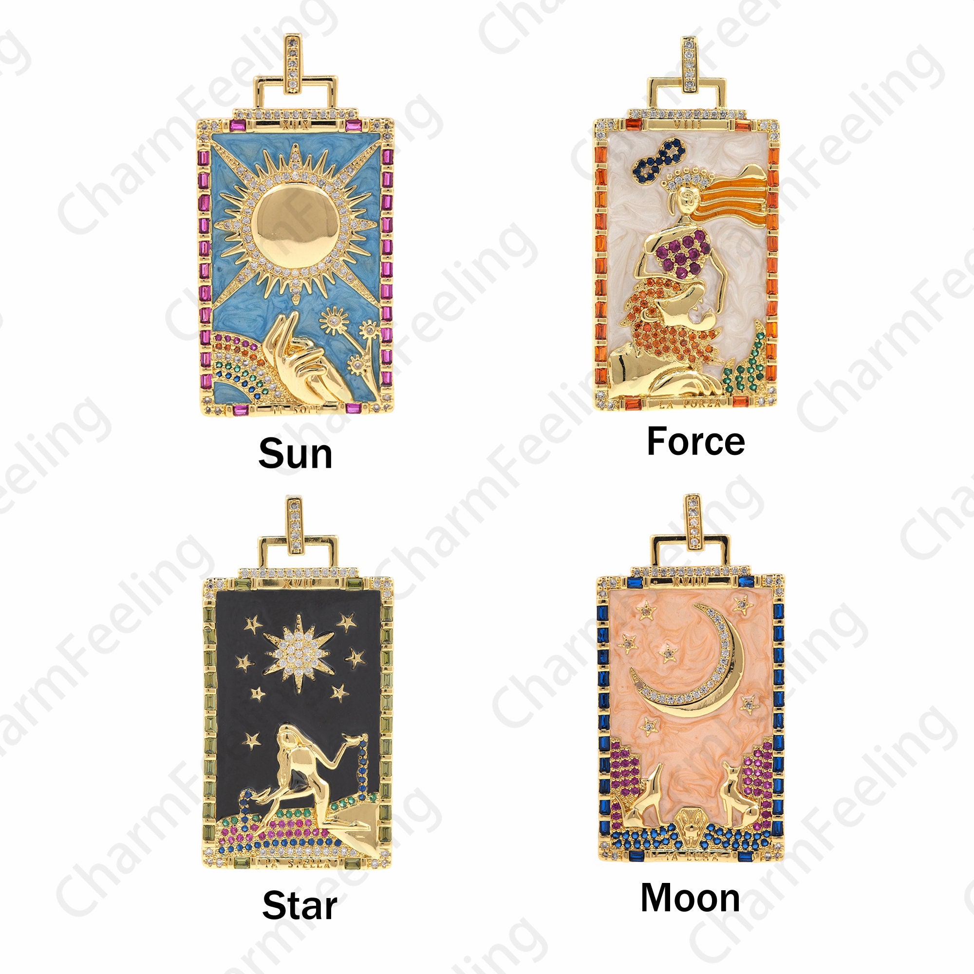 18K Gold Filled Enamel Tarot Pendant, Charm, Celestial Micropav Cz Necklace, Diy Jewelry Making 51x26x2.5mm