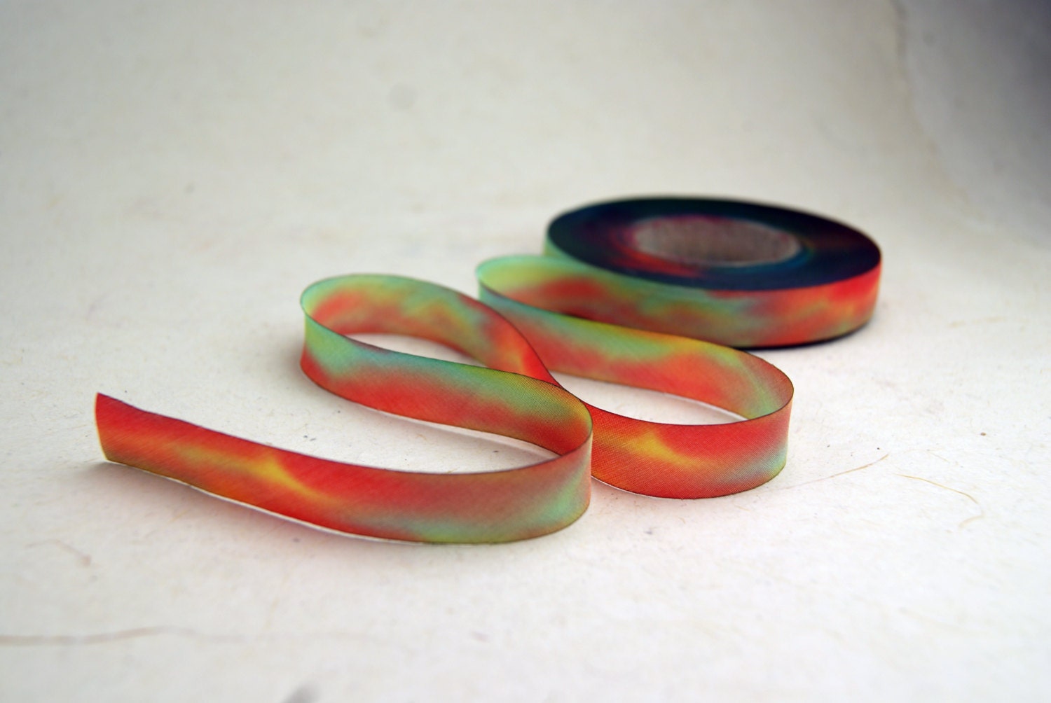 Hand Dyed Silk Ribbon 15mm 5/8 Inch Blend 023 3 Yard Bias Cut Orange Red Green Autumn Variegated