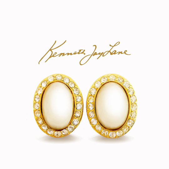 Kjl Classic Pearly Oval Clip Earrings With Crystal Rhinestones
