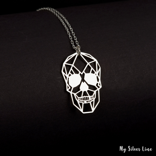 Origami Skull Necklace, Jewelry in Sterling Silver, Head Charm, Geometric Pendant, Dainty Gothic Jewelry, Gift For Him/Her