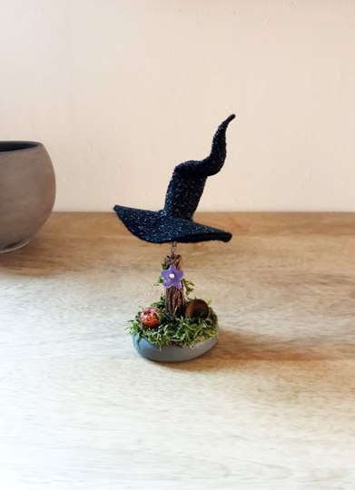 Miniature Witch Hat On Broomstick, Handmade Halloween Decor, Unique Gift, Diorama, Oddities, Pagan Wiccan Decor