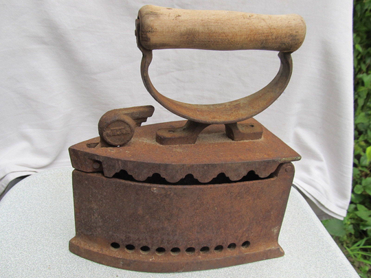 Old Antique Primitive Hand Coal Iron For Clothes With Wooden Handle