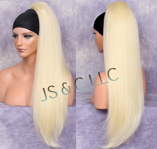 28" Bleach Blonde Human Hair Blend Textured Straight Ponytail Hair Piece Extension Heat Ok Drawstring Cancer Theater Alopecia Cosplay
