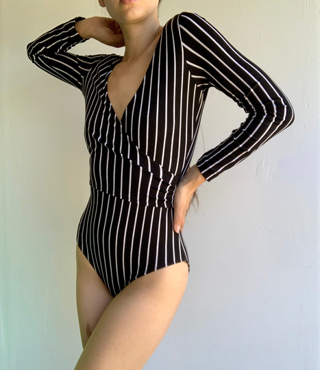 Sale Black With White Stripes Long Sleeve Nylon Bodysuit