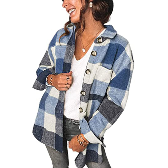 Women Plaid Wool Blend Long Sleeve Shirt Jacket Shackets - Blue, 2XL