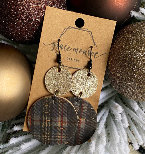Gold Shimmer Wallace Navy Plaid Cowhide Earrings, Christmas Holiday Gift, Trending Cork