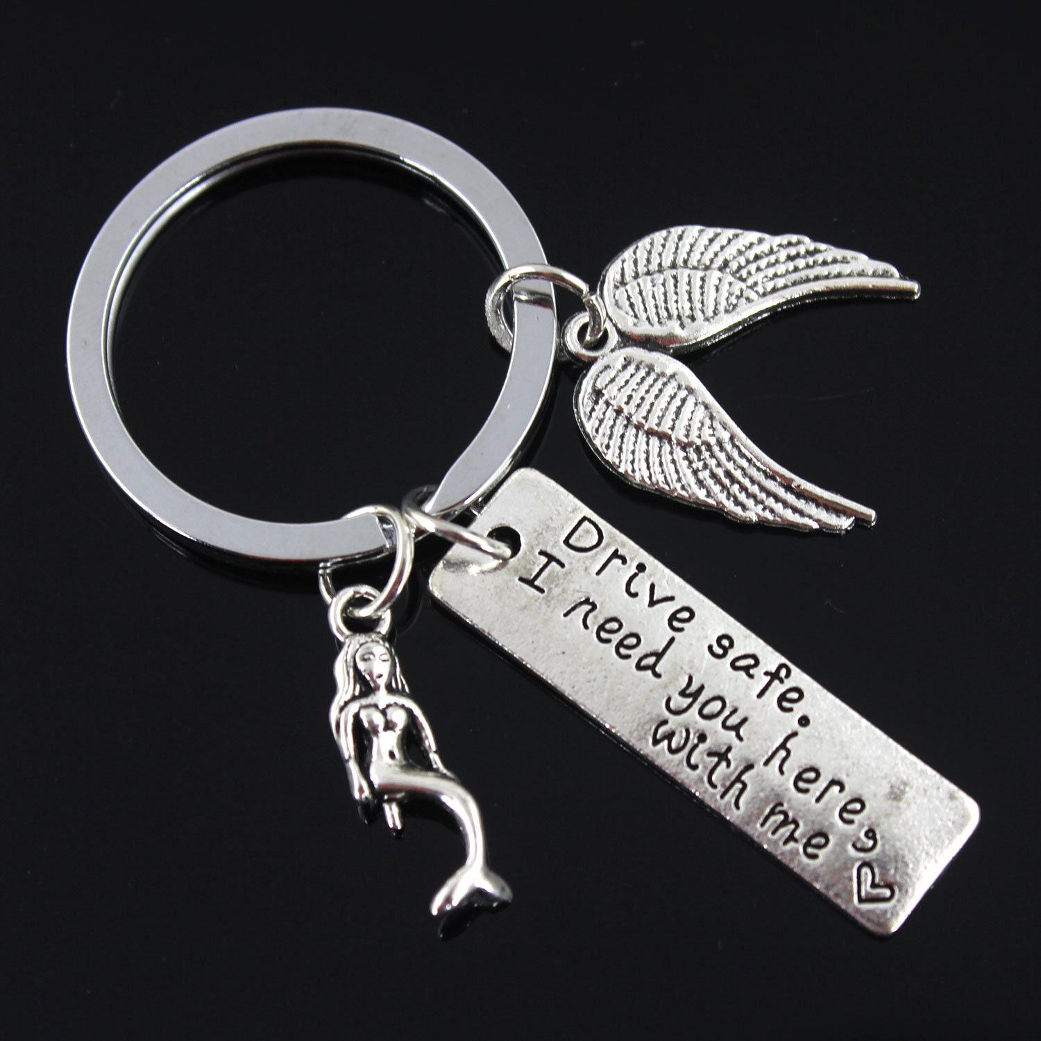 Drive Safe I Need You Here With Me Keychain/ Little Mermaid Keychain, Wings Keychain New Driver Keychain - Trucker Gift Dad