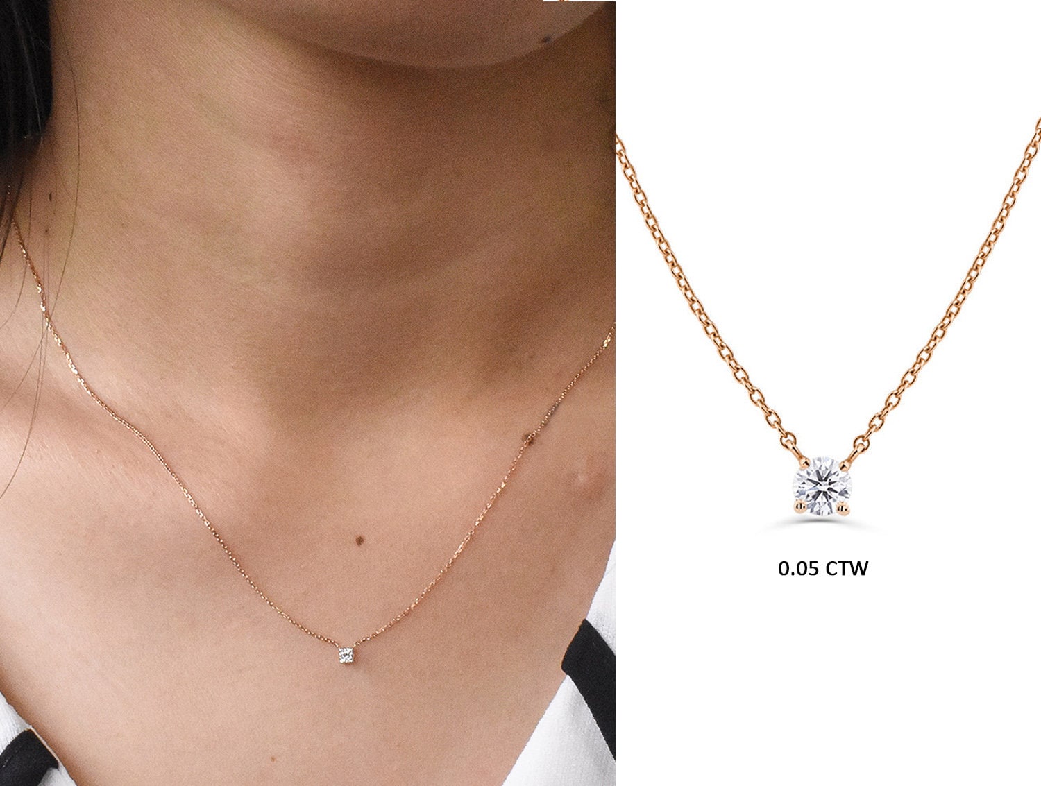 18K 14K 10K Gold Diamond Solitaire Necklace/Prong Set Brilliant Round Cut Bridal Free Shipping Layering 1902/06