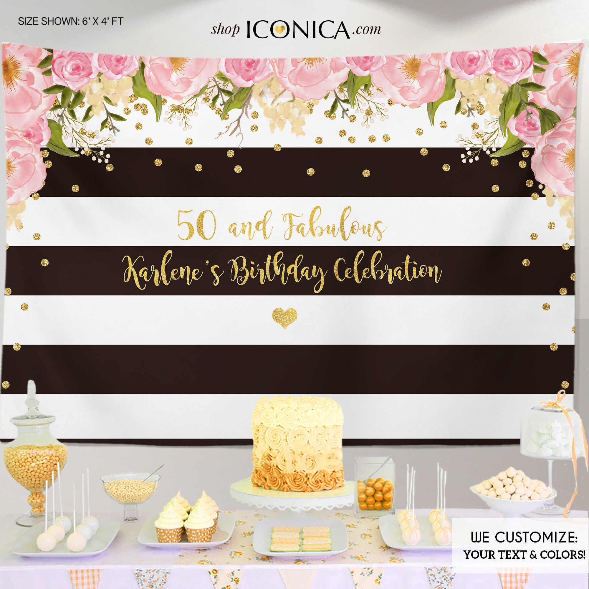 50Th Birthday Floral Party Backdrop Black & White Stripes Banner Any Event Gold Confetti 50 Fabulous Printed Or Printable File Bbd0014