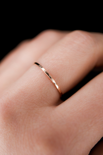 Solid Rose Gold Medium Thick Stacking Ring, Rose Gold Hammered, 14K Stack Delicate