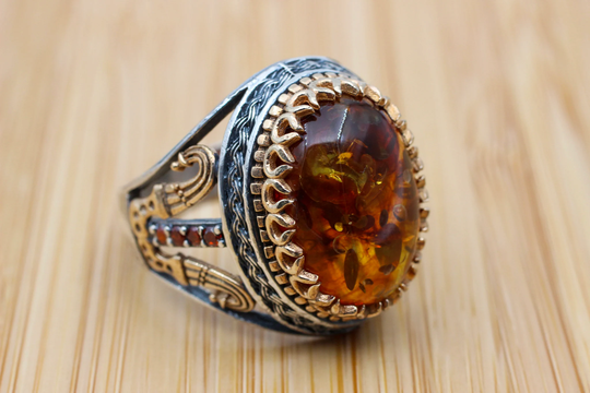 Amber Ring, Men's Handmade Ottoman Men Turkish Silver Jewelry, Gift For Him, 925K Sterling Ring