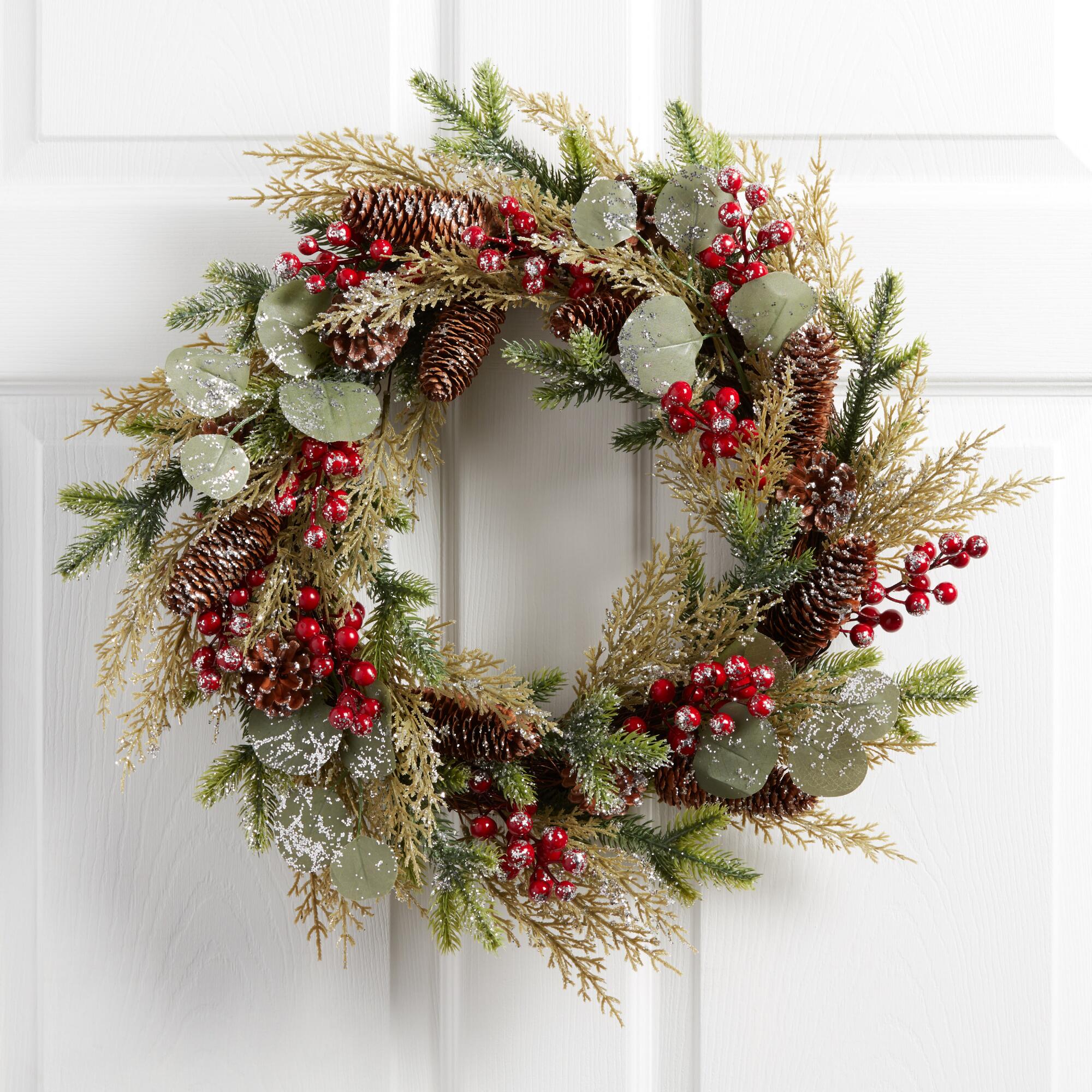 Faux Pine and Eucalyptus with Red Berries Wreath: Green - Plastic by World Market