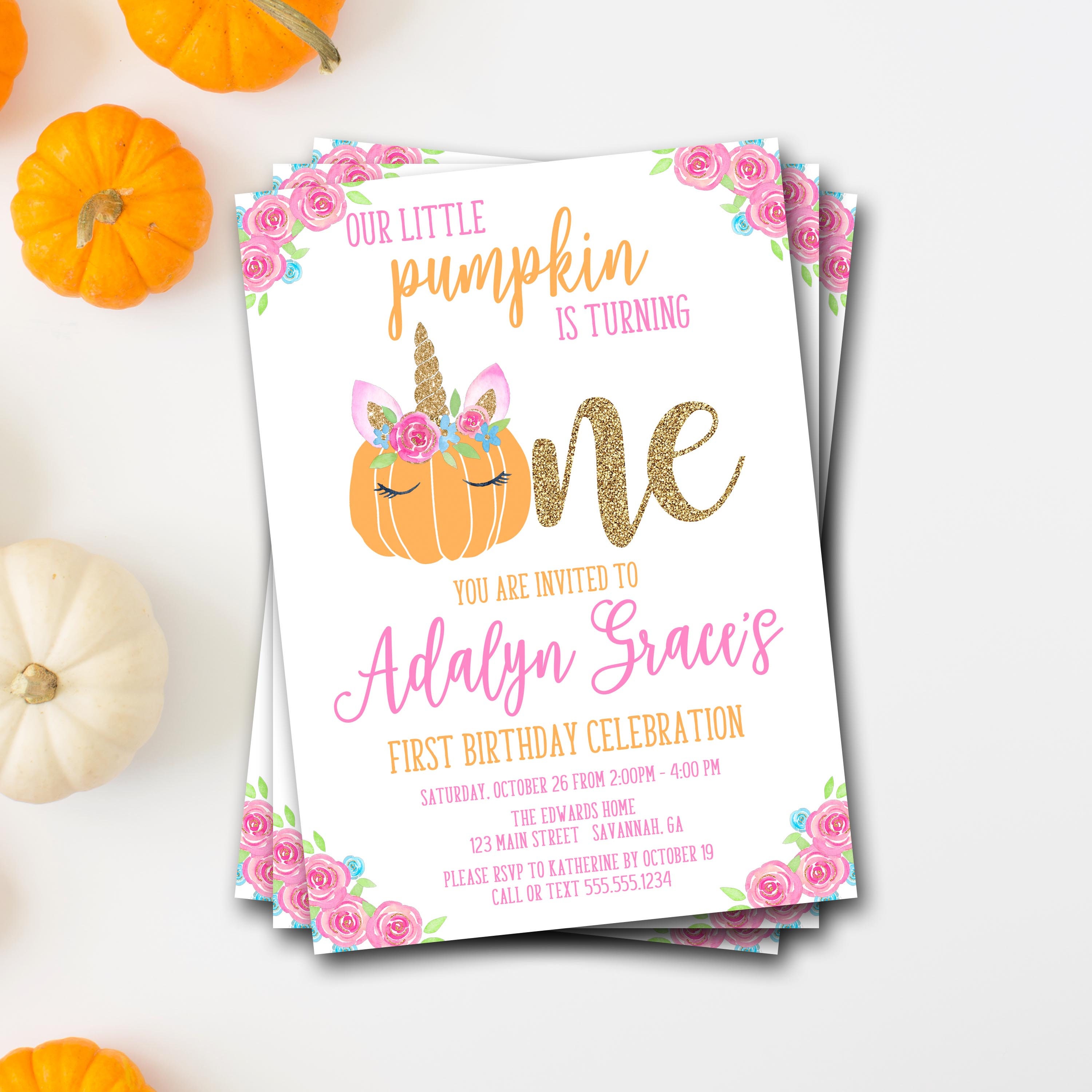 Pumpkin Unicorn Birthday Invitation, First Pink & Gold Girl Invitation