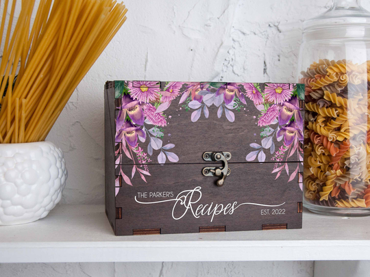 Floral Recipe Card Box For Bridal Shower With Dividers & Cards Unique Wedding Gift Couple Customized Message Inside
