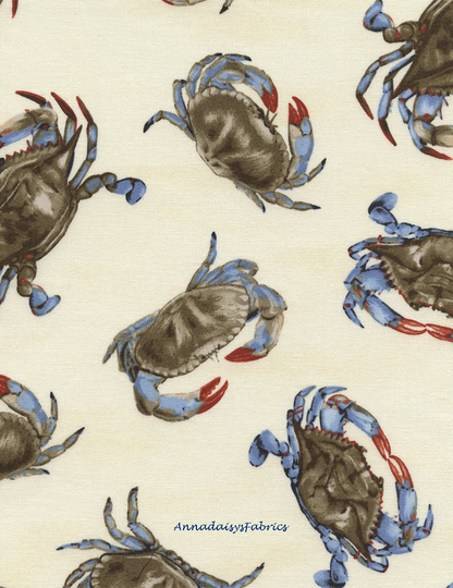 Blue Crab Fabric, Timeless Treasures C7504, Chesapeake Crabs Quilt Nautical Food, Seafood Cotton