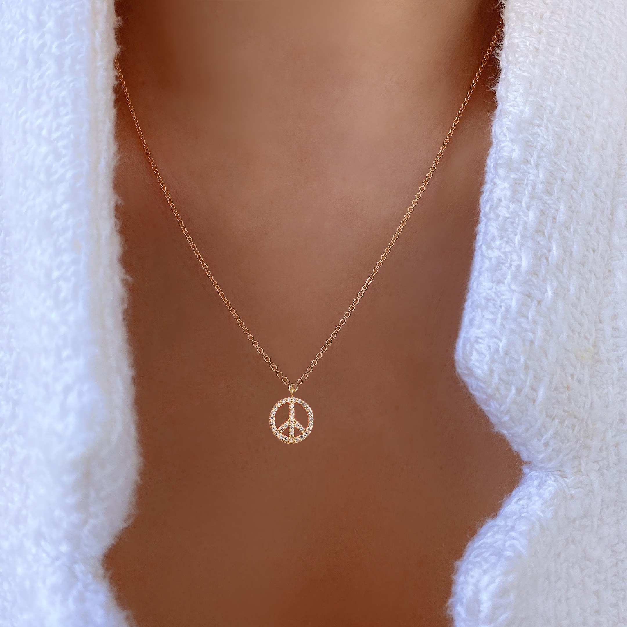 Peace Necklace 18K Gold Dipped Cubic Zirconia Crystal Sign Silver Charm Crystal Diamond