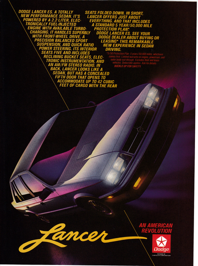 1985 Dodge Lancer Es -2.2 Liter Turbocharged Engine-Sedan Original Magazine Ad