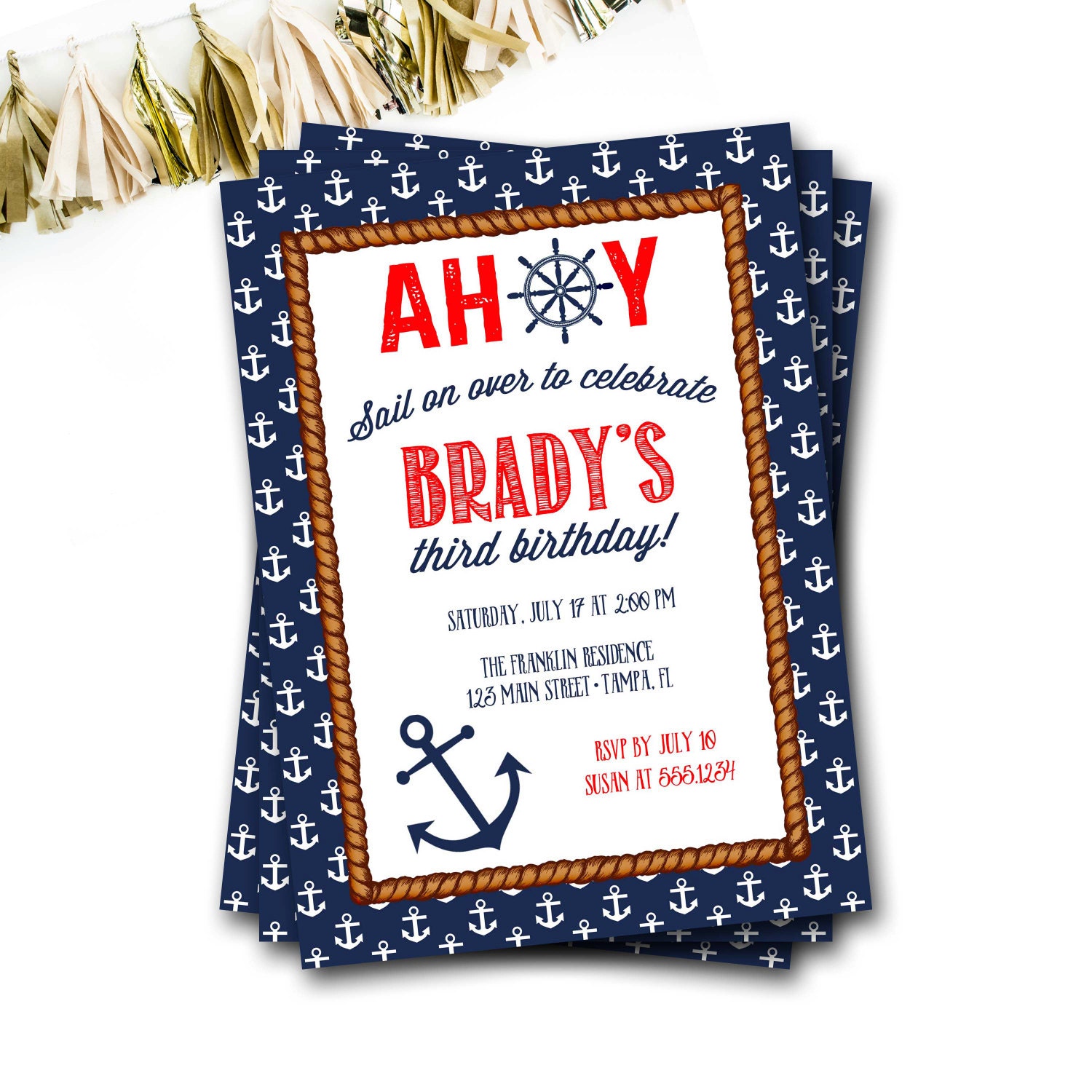 Nautical Birthday Invitation, Party, Anchor Boy Ocean