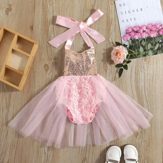 Baby Girl Pink Dress, Lace Halter Dresssleeveless Princess Dresssequintulle Gowntutudressjumpsuitbaby Clothes Birthday Dress Giftdress Forher