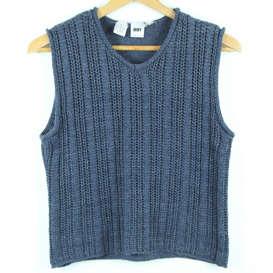 Vintage 90S Dkny Blue Cotton Blend V Neck Vest Crop Sleeveless Top Minimal M L Sweater