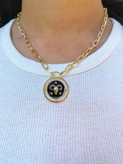 Aries Ram Zodiac Sign Medallion Gold Coin Necklace Rising Star Moon Astrology Horoscope Constellation Celestial Water Air Fire Earth