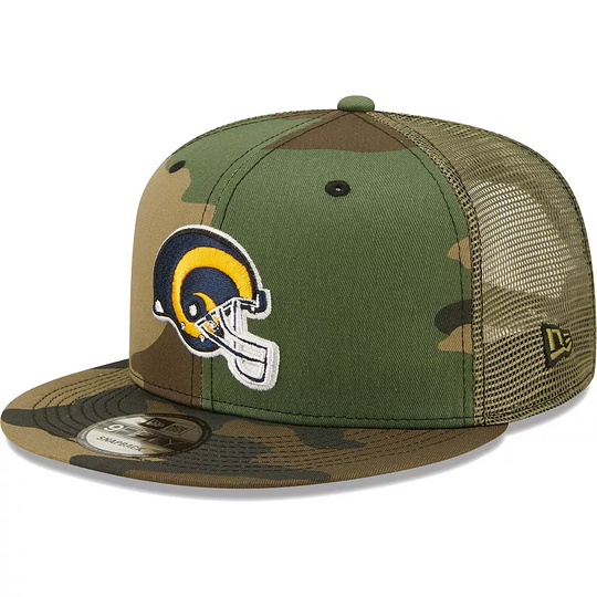 Men's New Era Camo/Olive Los Angeles Rams Historic Logo Trucker 9FIFTY Snapback Hat, Green