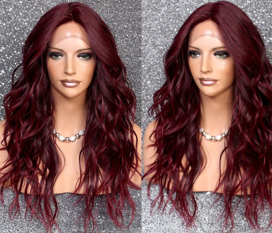 Human Hair Blend Wig Natural Relaxed Beachy Waves Burgundy Black Mix Hand Tied Mono Center Part Heat Ok Cancer/Alopecia/Cosplay/Emo/Goth