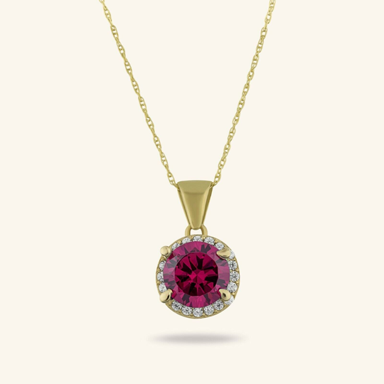 Round Shape Garnet Pendant Necklace Gemstone Real 14K Yellow Gold