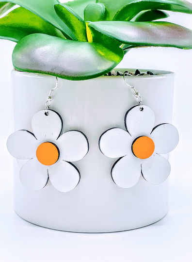 Groovy, Retro, Hippy, Wooden, Daisy Flower Earrings