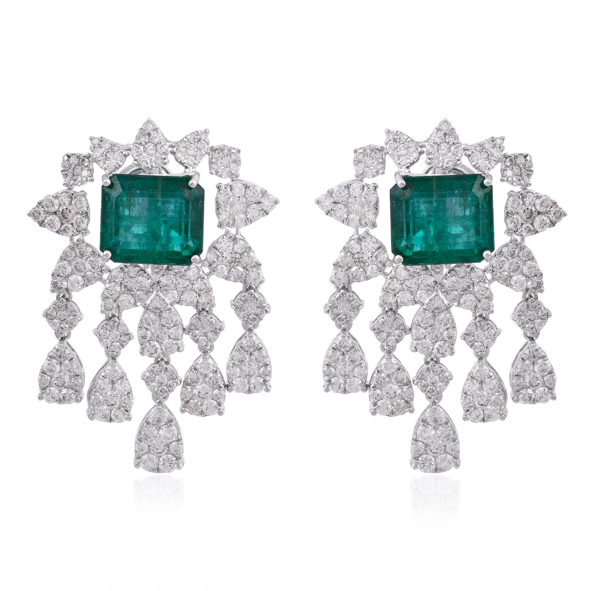 On Sale Genuine 11.9 Ct. Emerald Gemstone Hi/Si Clarity Diamond Dangle Earrings Solid 14K White Gold Handmade Fashion Jewelry New